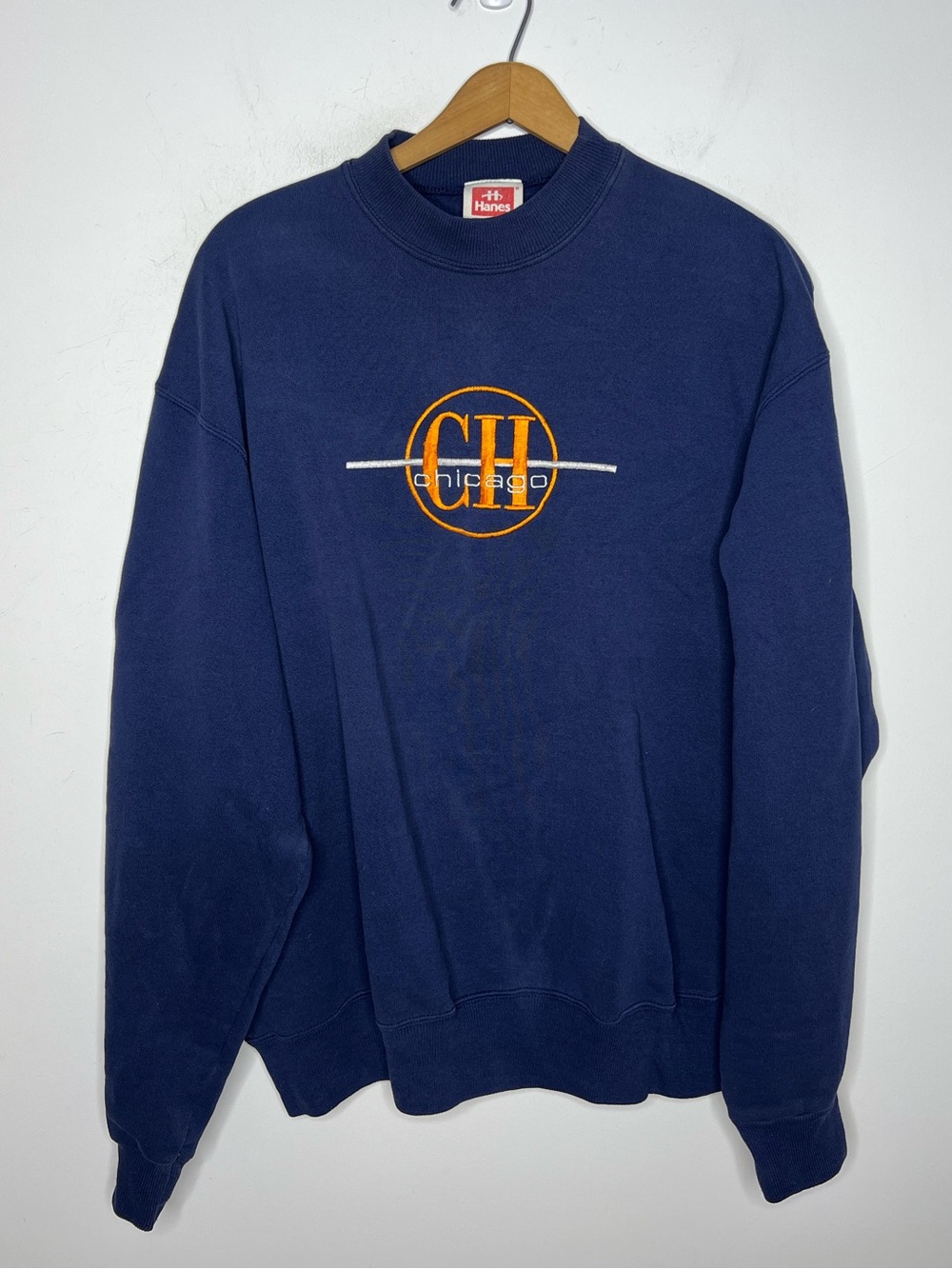 Vintage Chicago Sweatshirt XL Hanes Embroidered Navy Orange City Crewneck 90s